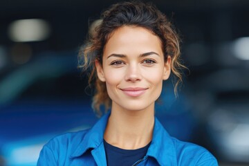 portrait of smiling biracial young woman in mechanic uniform leaning on vehicle blurred garage background