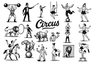 Vintage circus performers and animals in engraving style, Transparent Background © FriskySloths