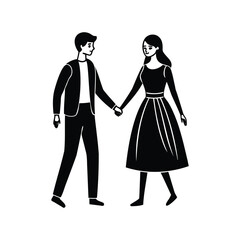 Black and white illustration of a young couple holding hands walking