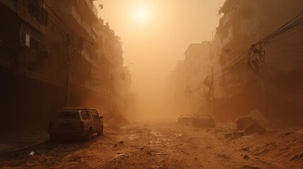 Dusty Post-Apocalyptic Street Scene with Abandoned Vehicles at Sunset