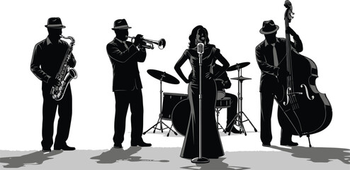 Elegant jazz band performing live with singer, saxophone, trumpet, bass, and drums in silhouette style for vintage entertainment vibes