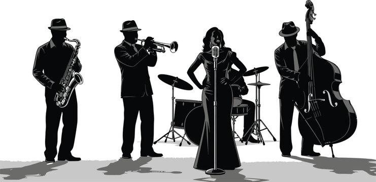 Elegant jazz band performing live with singer, saxophone, trumpet, bass, and drums in silhouette style for vintage entertainment vibes