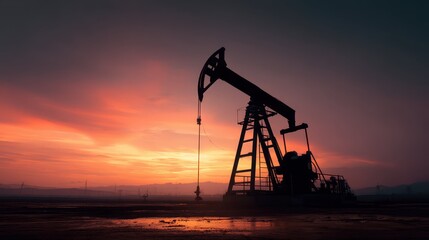 Silhouette of Oil Pump Jack at Dawn in Oil Field