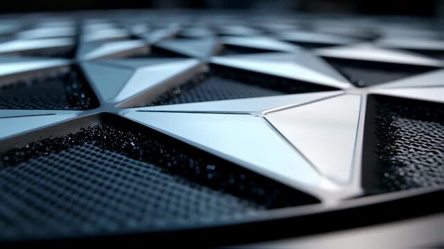 Close up view highlighting an innovative surface of interconnected triangular metallic elements with a mesh grid and granular texture, reflecting advanced technology and futuristic design