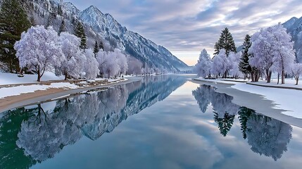 Winter Wonderland Landscape with Snowy Trees and Reflecting Lake under Dramatic Cloudy Sky