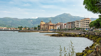 Panoramic view of the promenade of the coastal town of Hondarribia in the Basque Country, Spain.