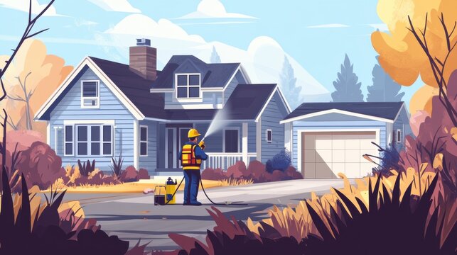 Home Maintenance Scene with Worker Using Pressure Washer on Exterior of House Surrounded by Colorful Autumn Foliage