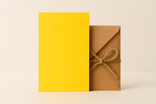 Blank yellow Invitation Card Mockup with Brown Kraft Envelope and Rope Detail. 