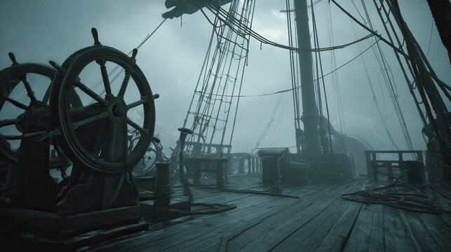 Foggy ship deck, antique helm