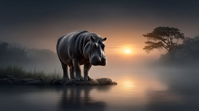 A hippopotamus rising from a moonlit river, casting a striking silhouette against the glowing water and night horizon.