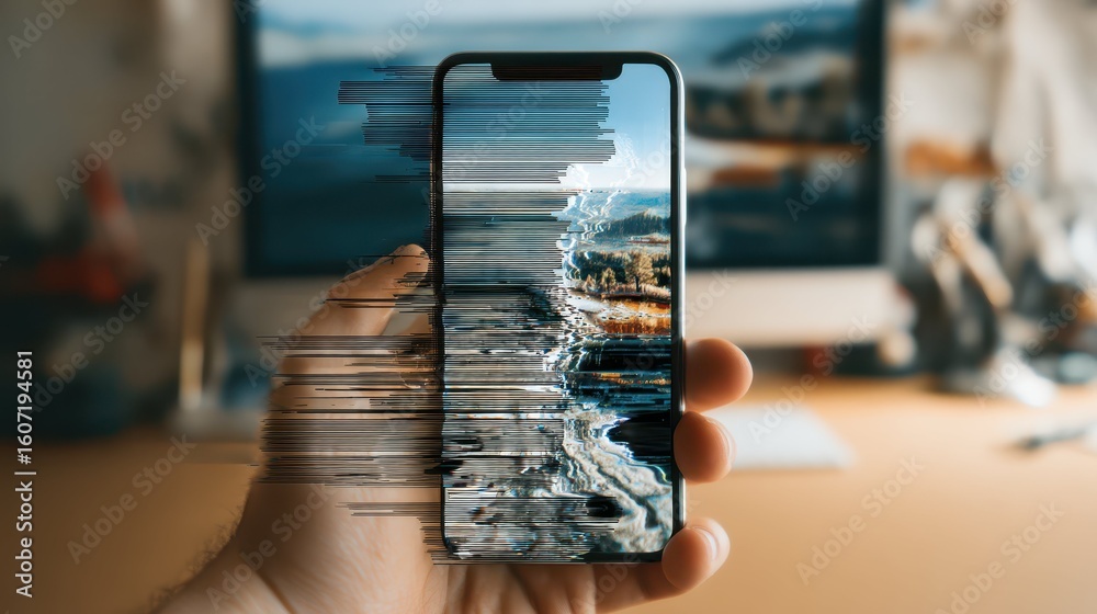 Poster smartphone with distorted camera image error on screen