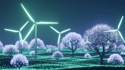 Hightech landscape with glowing windmills and digital trees representing green energy and nature harmony. - Powered by Adobe