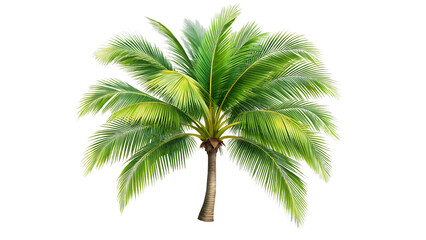 single coconut palm tree with green fronds isolated on white and transparent background