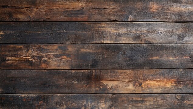 Close-up view of weathered, dark brown wooden planks.  Horizontal, parallel boards.  Intensely textured surface with variations in shade
