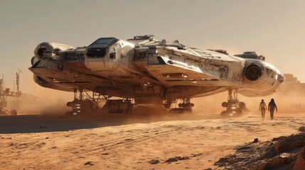 Spaceship Landing on Dusty Alien Surface with Two Figures Approaching