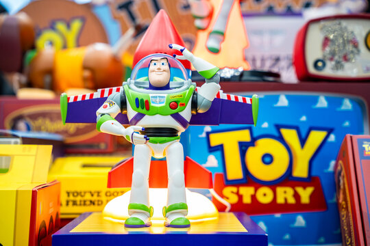 Bangkok, Thailand - June 22, 2019 : Toy Story movie backdrop display with Buzz Lightyear, a famous character in movie theatre.