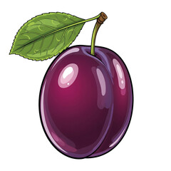 Ripe dark purple plum with a green leaf isolated on transparent background