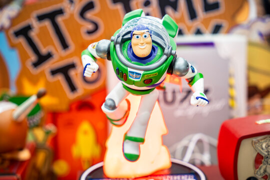 Bangkok, Thailand - June 22, 2019 : Toy Story movie backdrop display with Buzz Lightyear, a famous character in movie theatre.