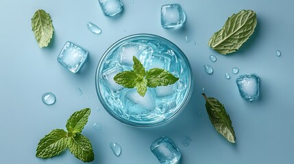 Refreshing clear blue drink with ice cubes and vibrant green mint leaves arranged artfully on a cool light blue surface creating a summery, inviting image.