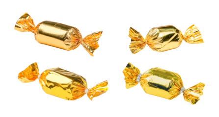 Four golden wrapped candies are isolated on transparent background, creating a sweet and luxurious confectionery display