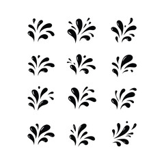 Twelve Black Water Splashes and Drops Isolated on White Background liquid fluid