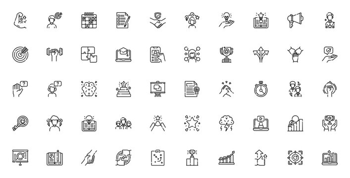 Mentoring and training icon set. Vector illustration. Includes symbols for coaching, growth, success, motivation, team, skill, learning, strategy, goal, and more. Editable linear icons.