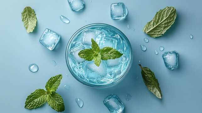 Refreshing clear blue drink with ice cubes and vibrant green mint leaves arranged artfully on a cool light blue surface creating a summery, inviting image.