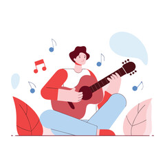Young person enjoying playing guitar surrounded by musical notes and abstract shapes
