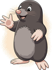 Cartoon mole character standing and waving, smiling friendly animal with whiskers and soft fur, cute illustrated mascot, cad drawing flat vector illustration