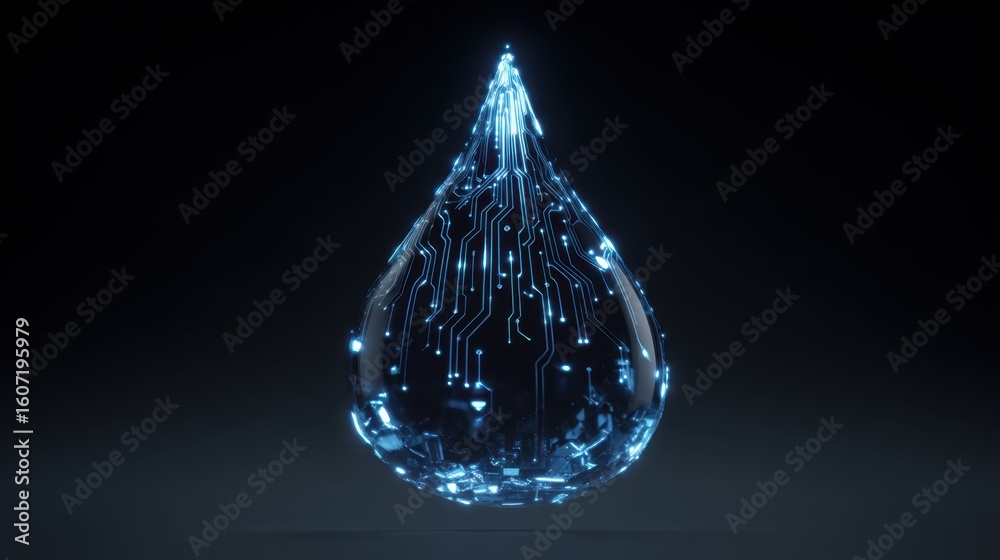 Poster Glowing Digital Drop with Circuit Pattern in Dark Background