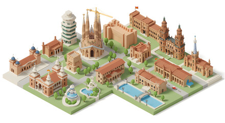 An isometric illustration of a stylized city map featuring famous Spanish architectural landmarks and monuments.