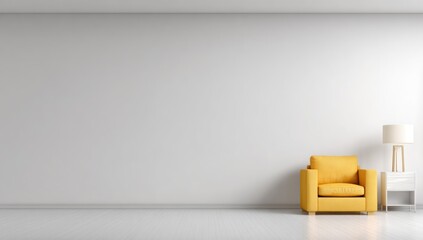 Empty room interior with a mustard yellow armchair and a small side table.