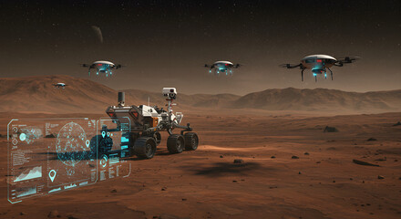 Futuristic Mars rover and drones explore alien landscape with holographic data display
