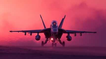 Naklejka premium Twin Jet Engine Aircraft Taking Off at Sunrise with Colorful Sky