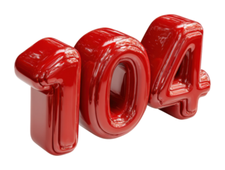 Dynamic red number 104 displayed in focused on modern design elements isolated on transparent background