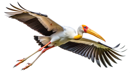 Yellow white black billed stork in flight isolated on white and transparent background
