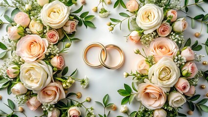 Elegant Peach and Ivory Roses with Gold Wedding Rings: Romantic Floral Arrangement