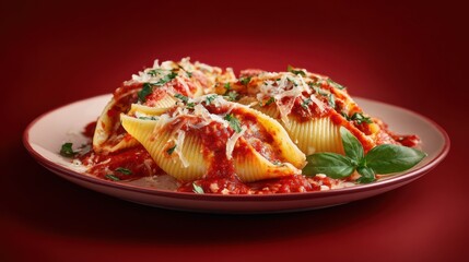 Stuffed Pasta Shells with Marinara and Cheese on Red Background.