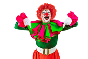 Funny clown pointing down at blank template copy spase for advertising, posters, greetings, invitations. Entertainer as Joker in a suit and wig, with clown whiteface makeup.