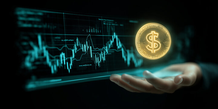 Digital hologram of Forex trading platform with glowing dollar symbol hovers above hand, symbolizing financial technology and investment opportunities