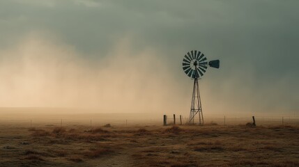 Dusty Prairie Landscape with a Single Windmill Under Cloudy Sky