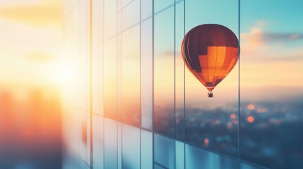 Obraz premium Colorful hot air balloon floating near modern glass building during sunset with breathtaking cityscape in the background
