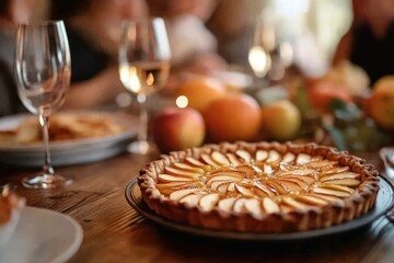 Fototapeta premium Autumnal apple tart on a rustic table, surrounded by glasses, dishes, and autumnal fruits