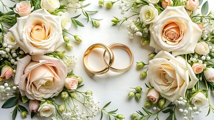 Elegant wedding rings nestled amongst a delicate arrangement of creamy roses and baby's breath.