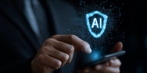 Businessman interacts with virtual screen displaying glowing AI shield, symbolizing digital security and innovation. scene conveys sense of futuristic technology and protection