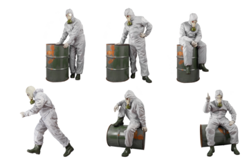 Isolated man in a gas mask and protective suit. Barrel of toxic waste. Set of various poses
