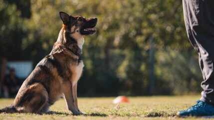 Training a german shepherd dog outdoor park photography sunny environment ground level view obedience concept
