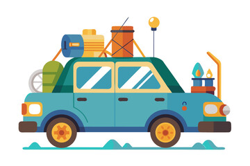 Cute cartoon blue car with luggage on the roof, traveling through a scenic green landscape with hills, clouds, and a clear blue sky. Perfect for travel, vacation, holiday, or road trip-themed illustra