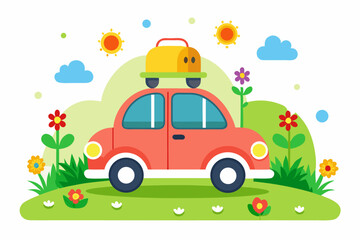 Cute cartoon blue car with luggage on the roof, traveling through a scenic green landscape with hills, clouds, and a clear blue sky. Perfect for travel, vacation, holiday, or road trip-themed illustra