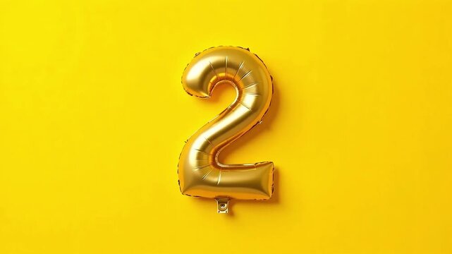 Golden number two foil balloon floats playfully against sunny yellow backdrop animation video